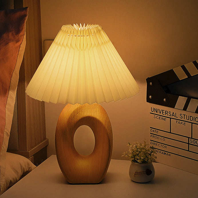 Pleated Fabric Wood Grain Table Lamp