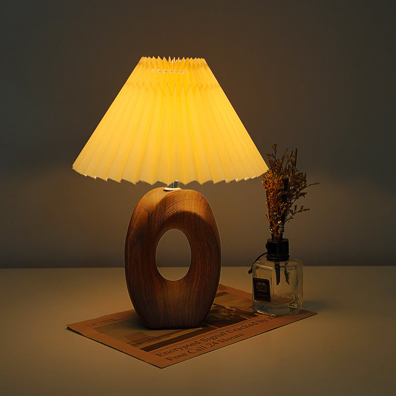 Pleated Fabric Wood Grain Table Lamp