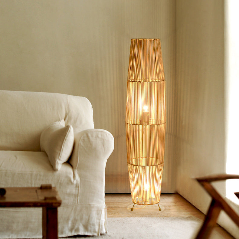 Openwork Rattan Weaving Column 2-Light Floor Lamp