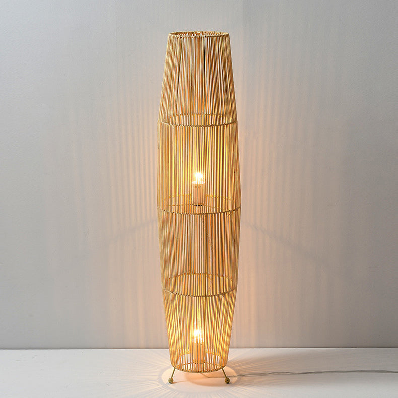 Openwork Rattan Weaving Column 2-Light Floor Lamp