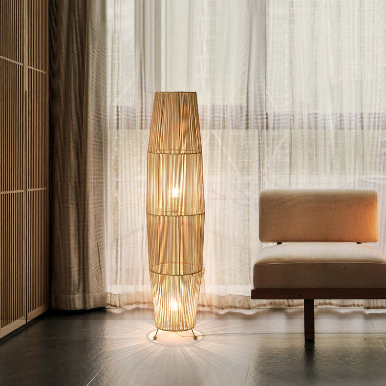 Openwork Rattan Weaving Column 2-Light Floor Lamp