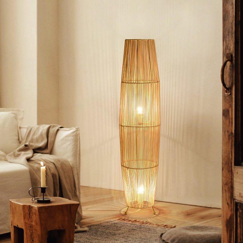 Openwork Rattan Weaving Column 2-Light Floor Lamp