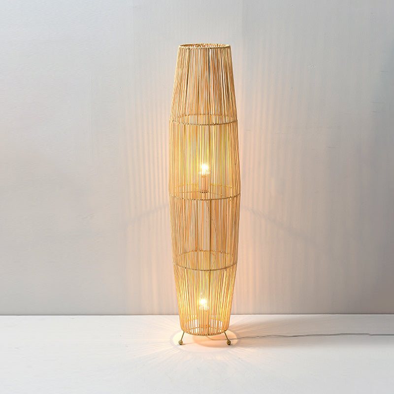 Openwork Rattan Weaving Column 2-Light Floor Lamp