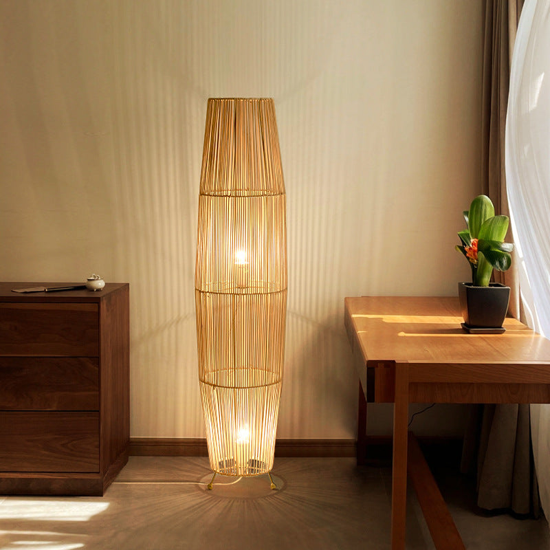 Openwork Rattan Weaving Column 2-Light Floor Lamp