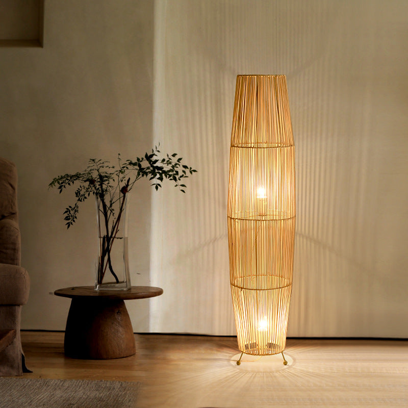 Openwork Rattan Weaving Column 2-Light Floor Lamp