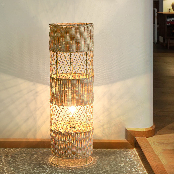 Openwork Rattan Weaving Cylinder Floor Lamp