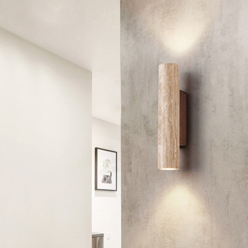 Beige Travertine Cylinder Up 2-Light Wall Lamp