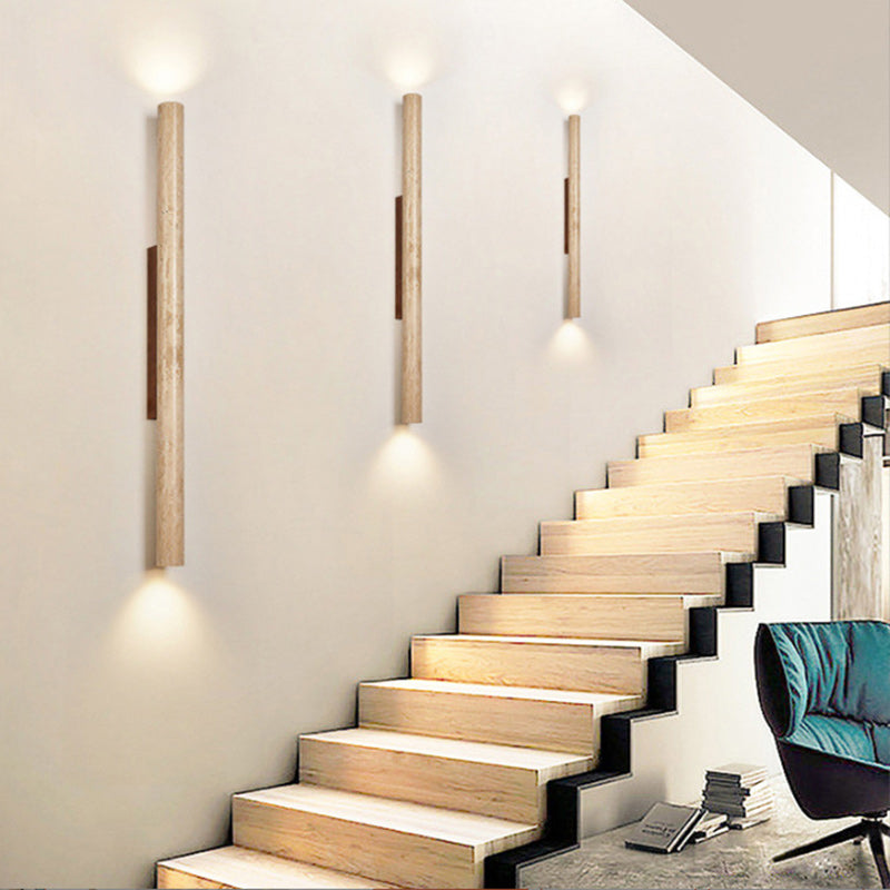 Beige Travertine Cylinder Up 2-Light Wall Lamp
