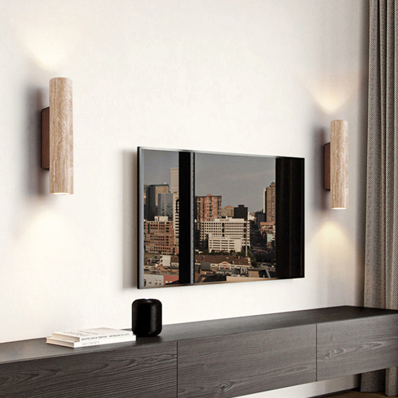 Beige Travertine Cylinder Up 2-Light Wall Lamp