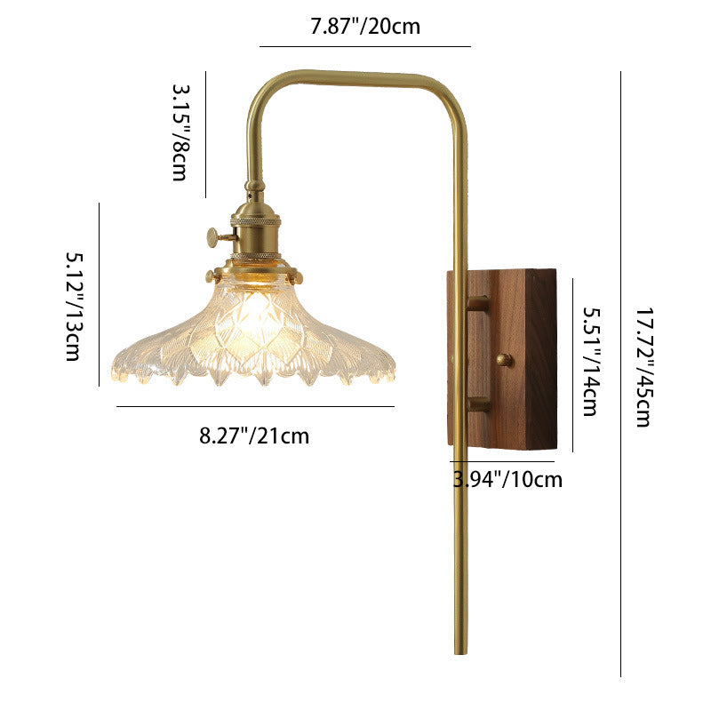 Walnut Wood Brass Flower Wall Lamp
