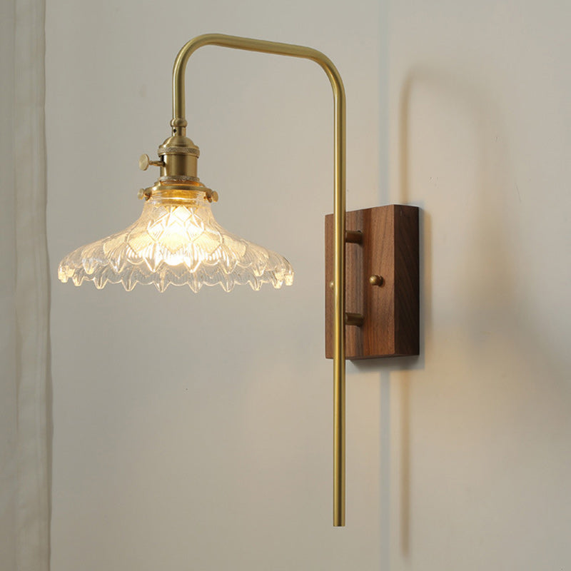 Walnut Wood Brass Flower Wall Lamp