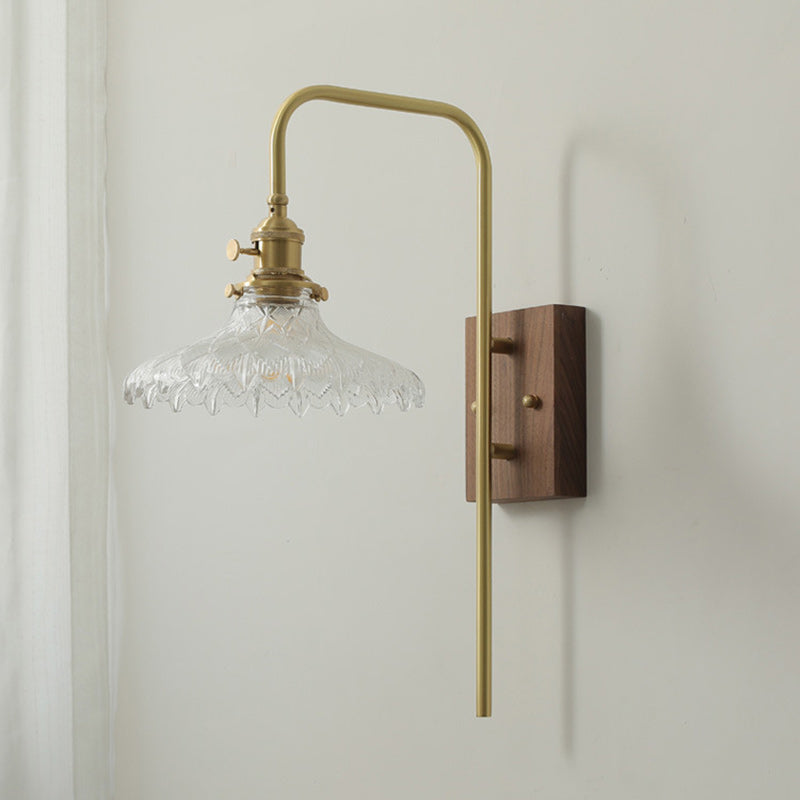 Walnut Wood Brass Flower Wall Lamp