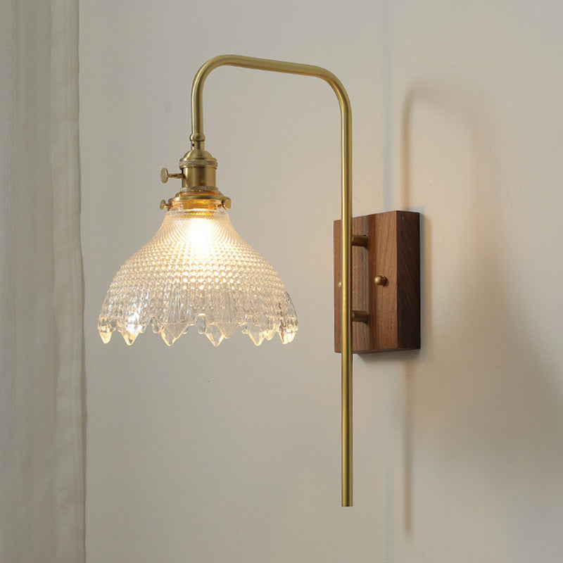 Walnut Wood Brass Flower Wall Lamp