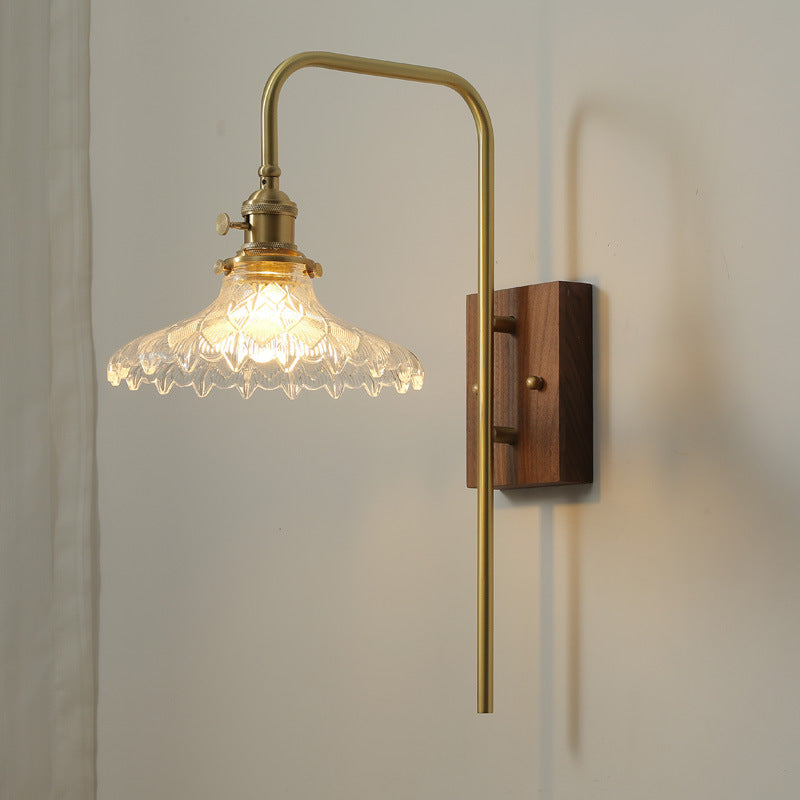 Walnut Wood Brass Flower Wall Lamp