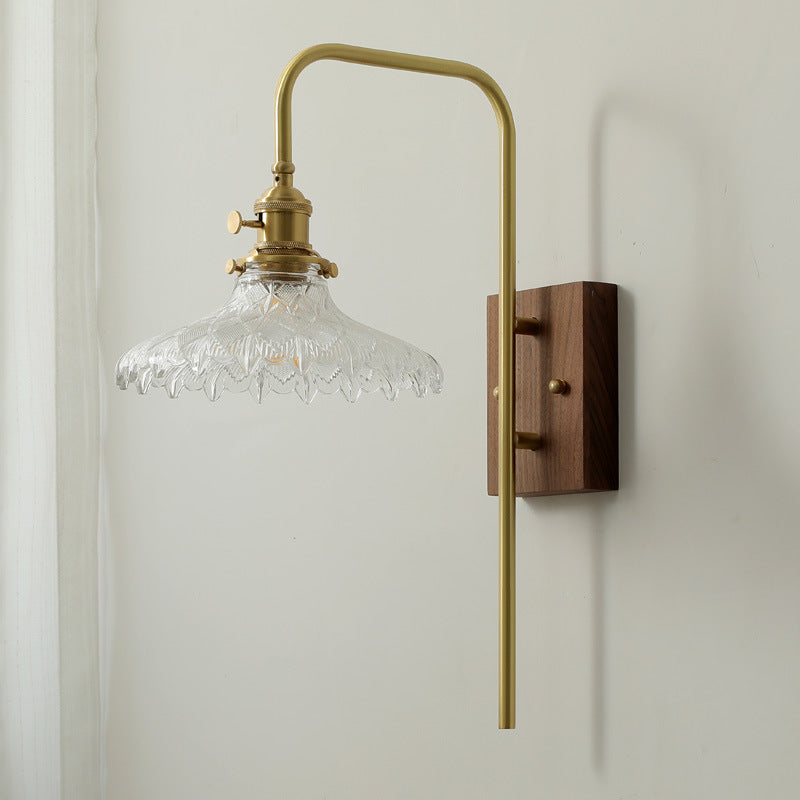 Walnut Wood Brass Flower Wall Lamp