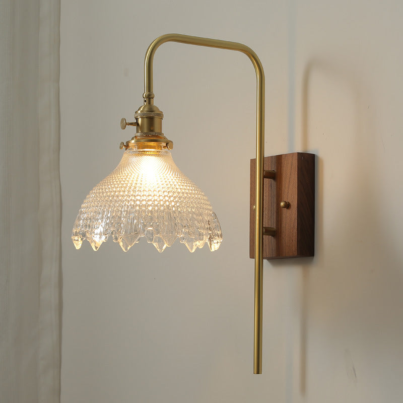 Walnut Wood Brass Flower Wall Lamp