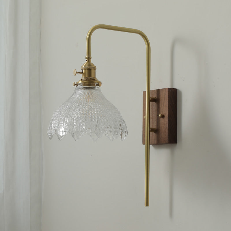 Walnut Wood Brass Flower Wall Lamp