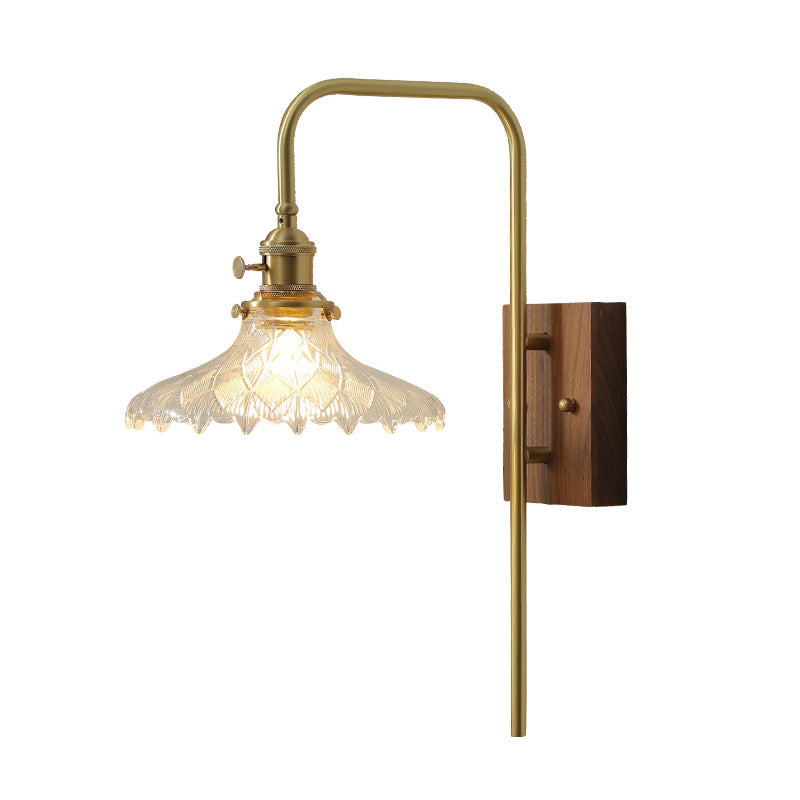 Walnut Wood Brass Flower Wall Lamp