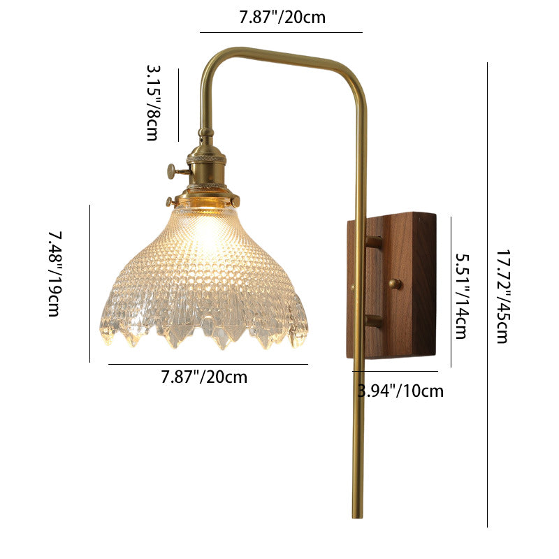 Walnut Wood Brass Flower Wall Lamp