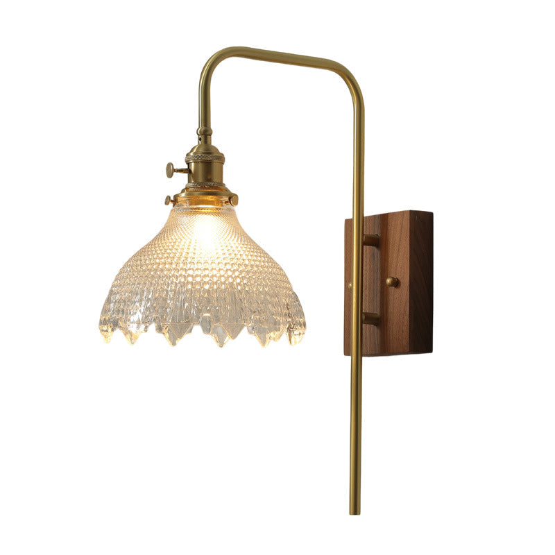 Walnut Wood Brass Flower Wall Lamp