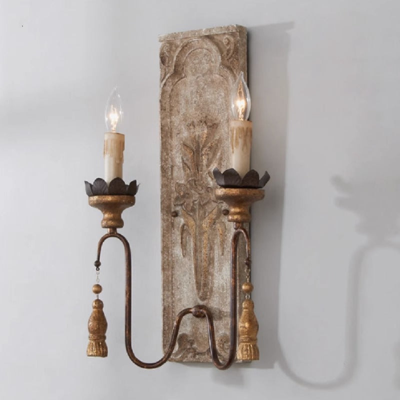 Distressed Solid Wood Iron 2-Light Wall Lamp