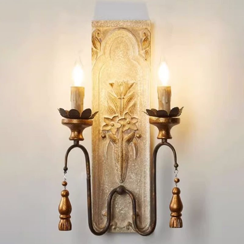 Distressed Solid Wood Iron 2-Light Wall Lamp