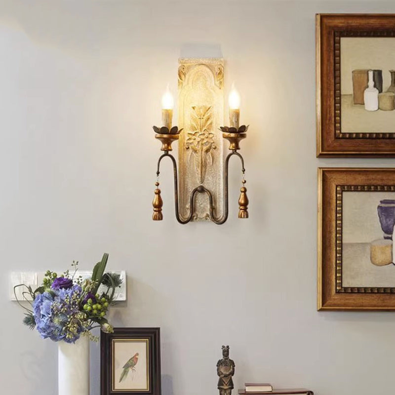 Distressed Solid Wood Iron 2-Light Wall Lamp