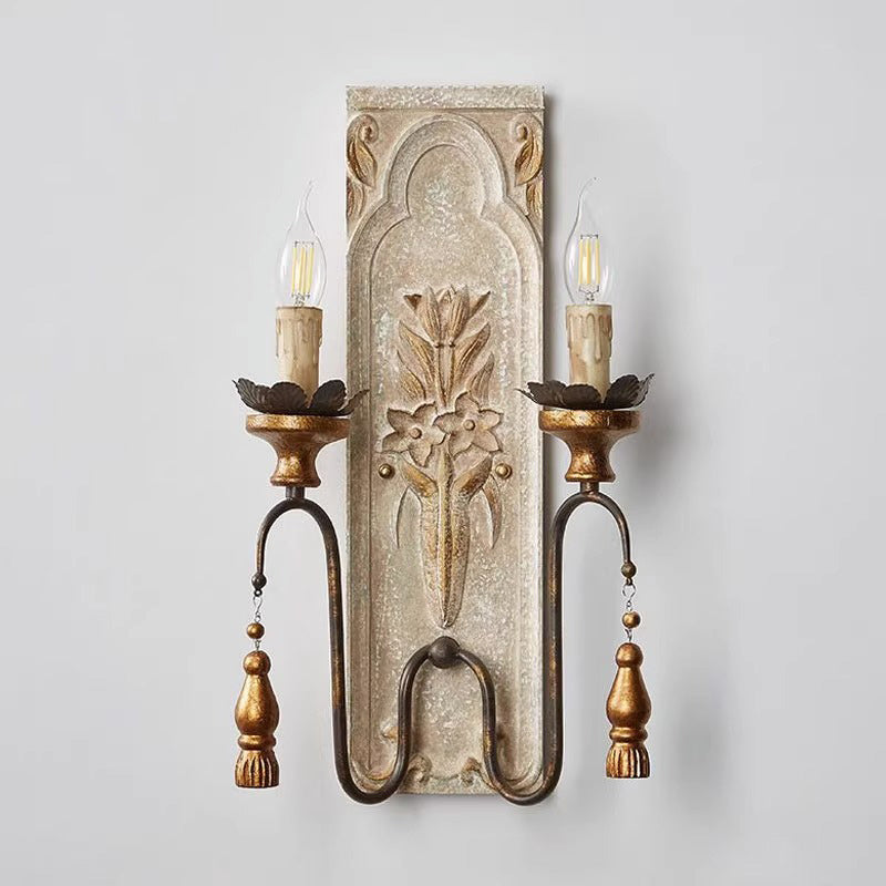 Distressed Solid Wood Iron 2-Light Wall Lamp