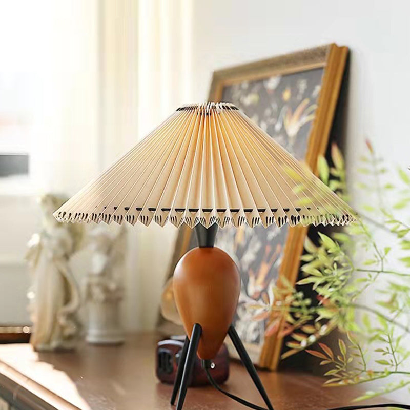 Pleated Oval Cone Rubberwood Table Lamp