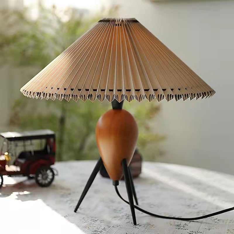 Pleated Oval Cone Rubberwood Table Lamp