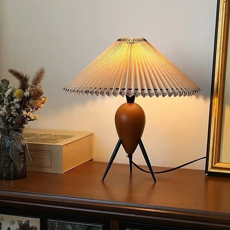 Pleated Oval Cone Rubberwood Table Lamp