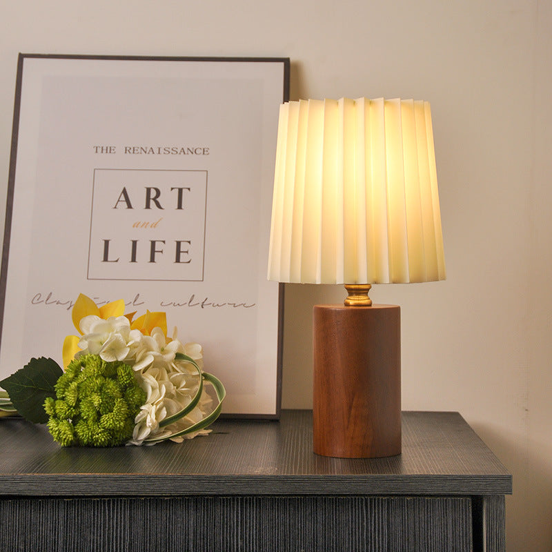 Pleated Round Cylinder Wood Table Lamp