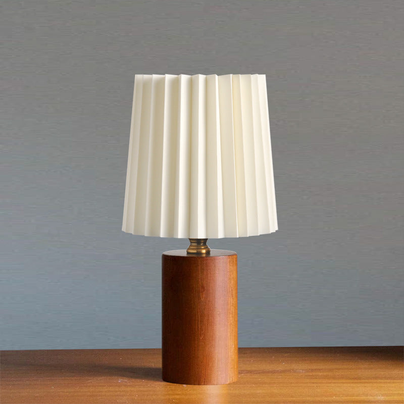 Pleated Round Cylinder Wood Table Lamp