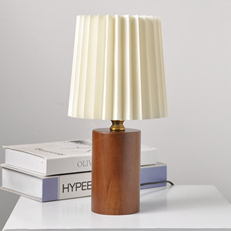 Pleated Round Cylinder Wood Table Lamp