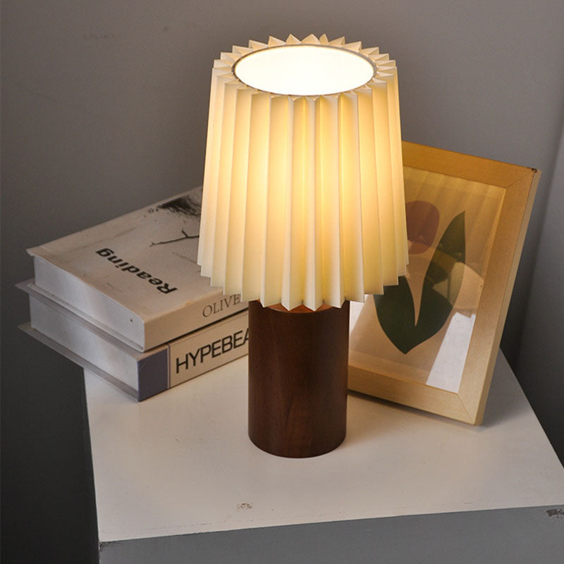 Pleated Round Cylinder Wood Table Lamp