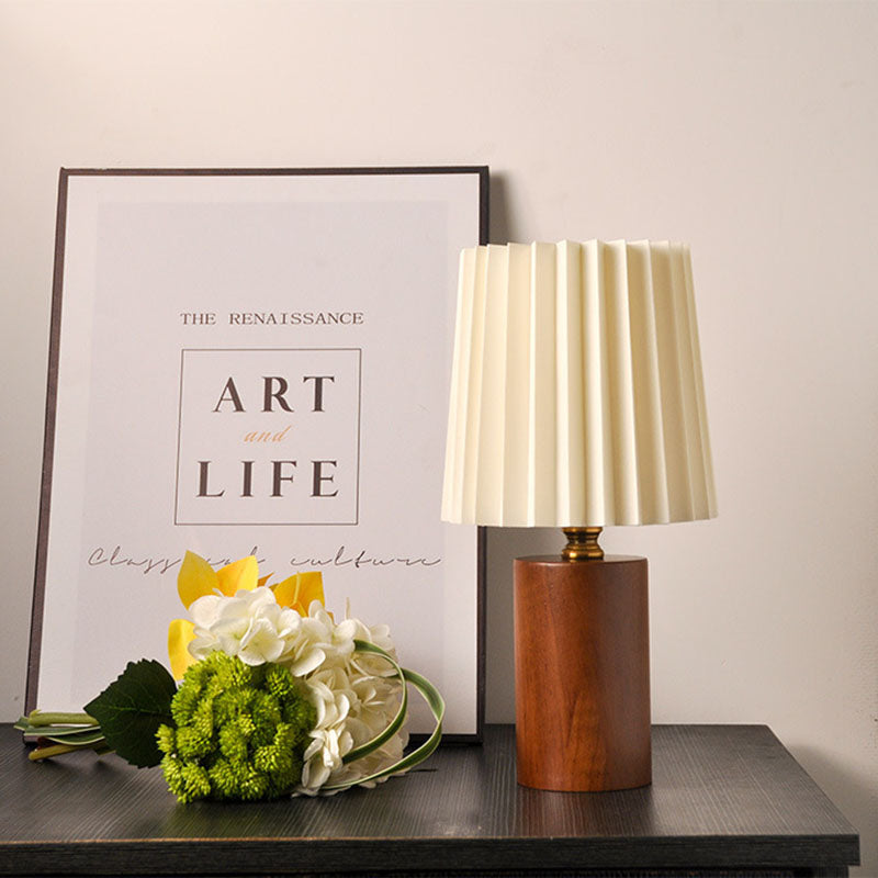 Pleated Round Cylinder Wood Table Lamp
