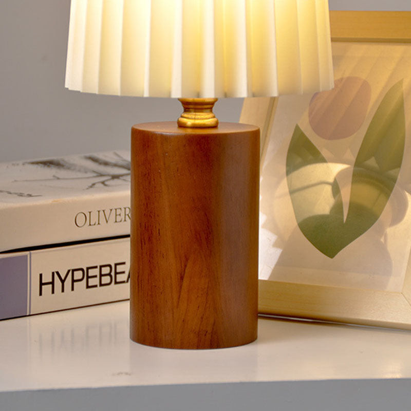 Pleated Round Cylinder Wood Table Lamp