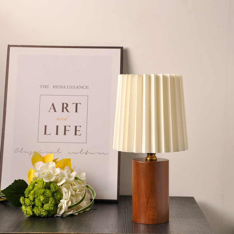 Pleated Round Cylinder Wood Table Lamp