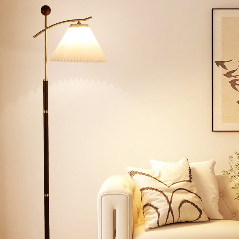 Round Cone Pleated Rubberwood Floor Lamp