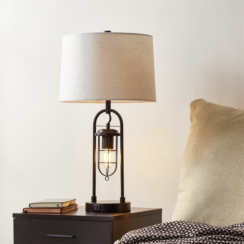 Cylinder Linen Metal Bedroom Table Lamp