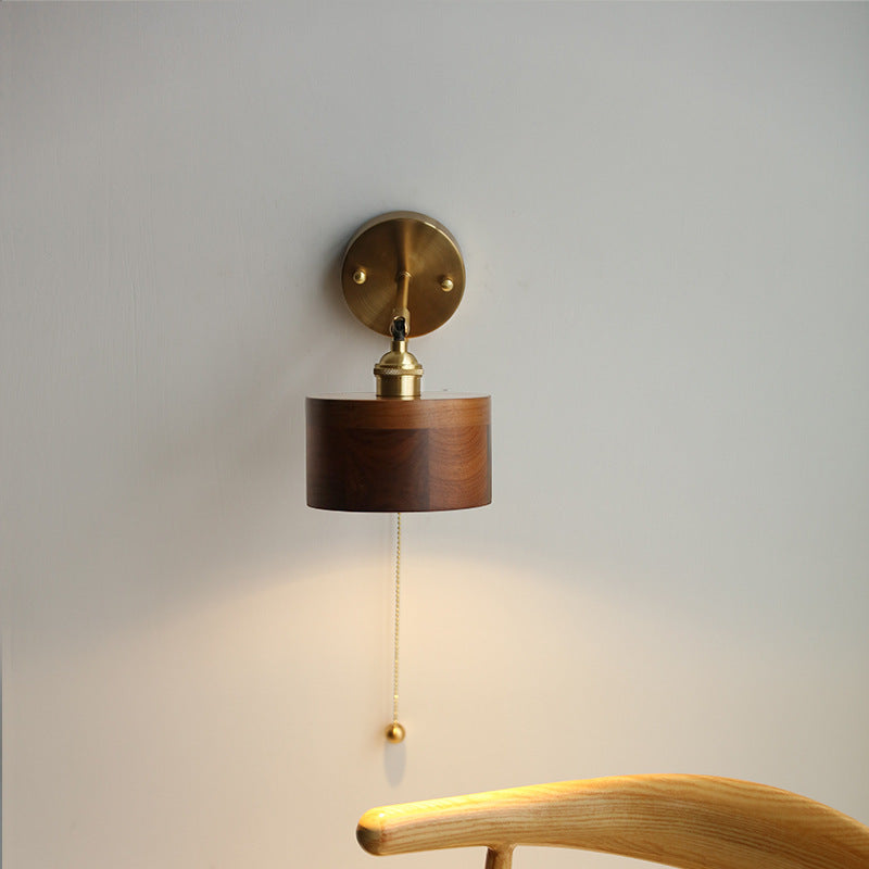 Cylinder Copper Walnut Bedroom Wall Lamp