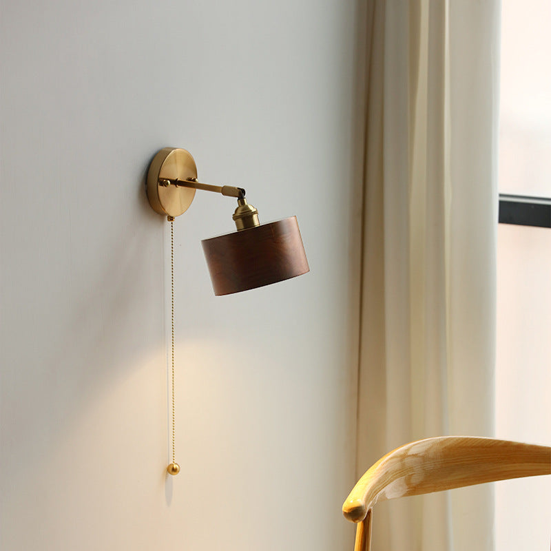 Cylinder Copper Walnut Bedroom Wall Lamp