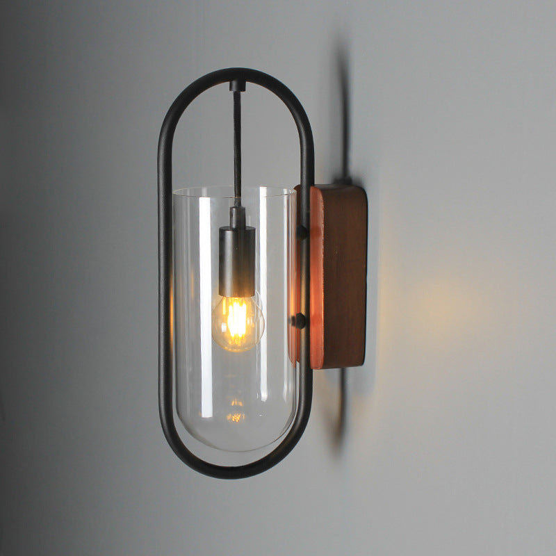 Oval Glass Metal Wood Wall Lamp