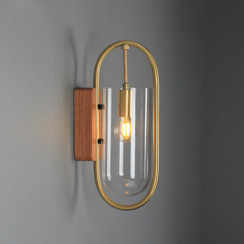 Oval Glass Metal Wood Wall Lamp