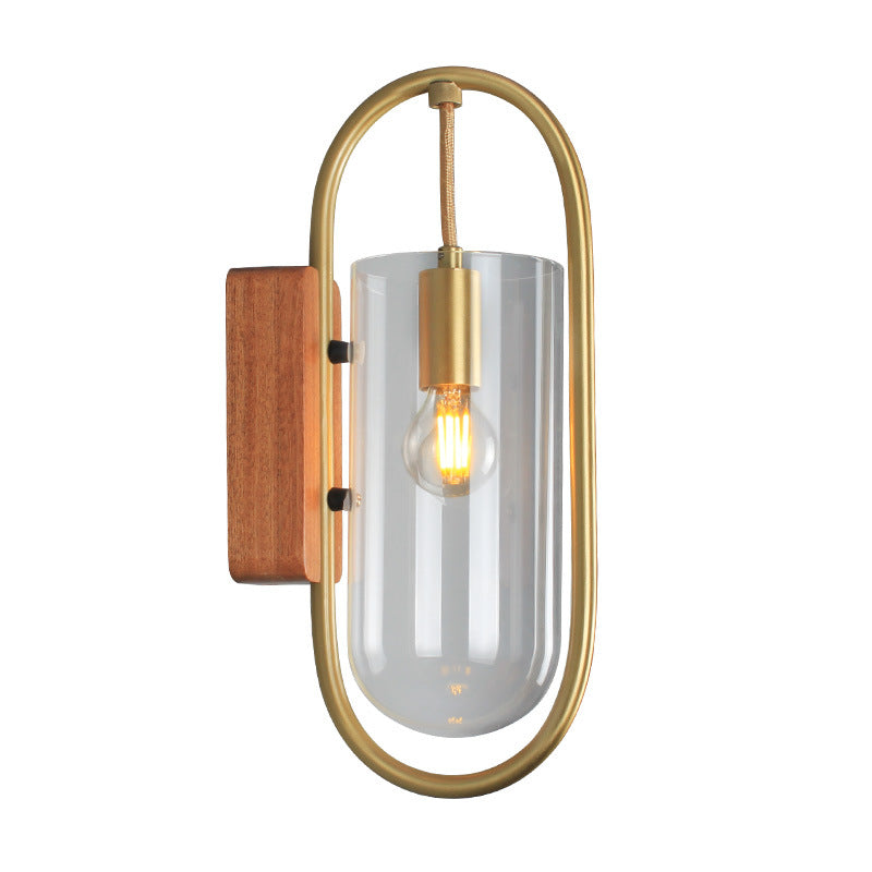 Oval Glass Metal Wood Wall Lamp