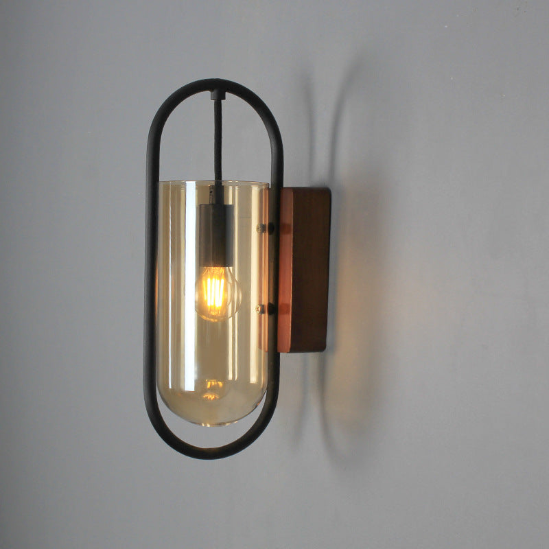 Oval Glass Metal Wood Wall Lamp
