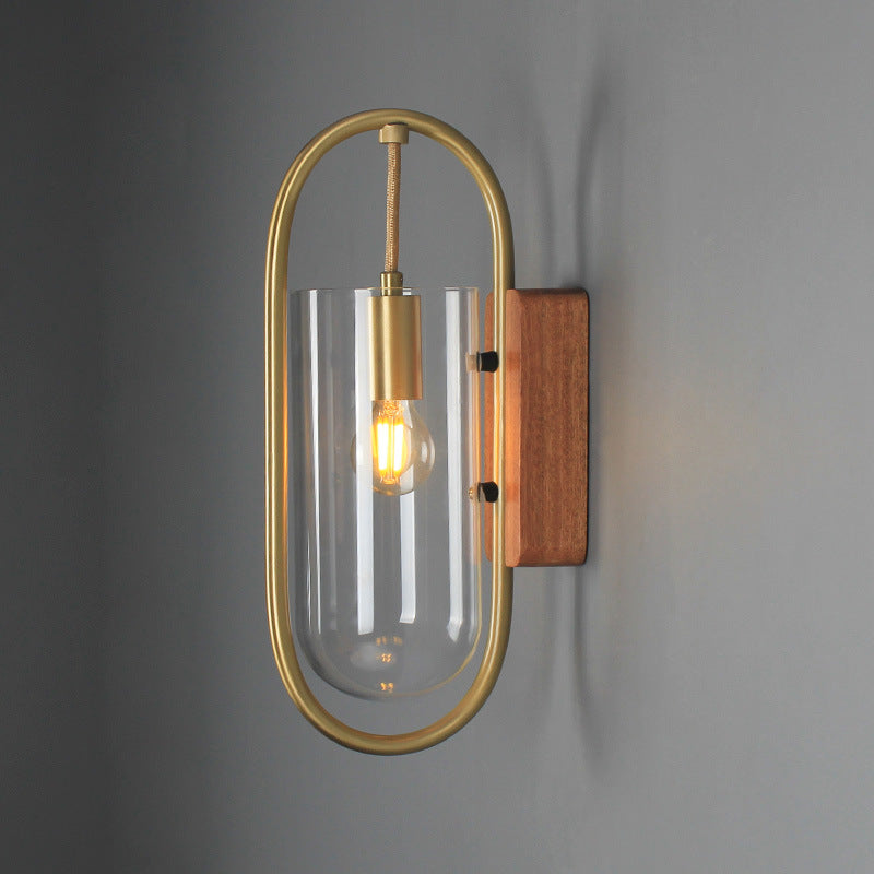 Oval Glass Metal Wood Wall Lamp