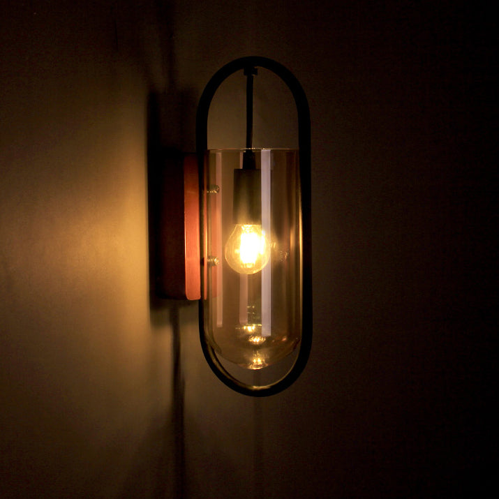 Oval Glass Metal Wood Wall Lamp