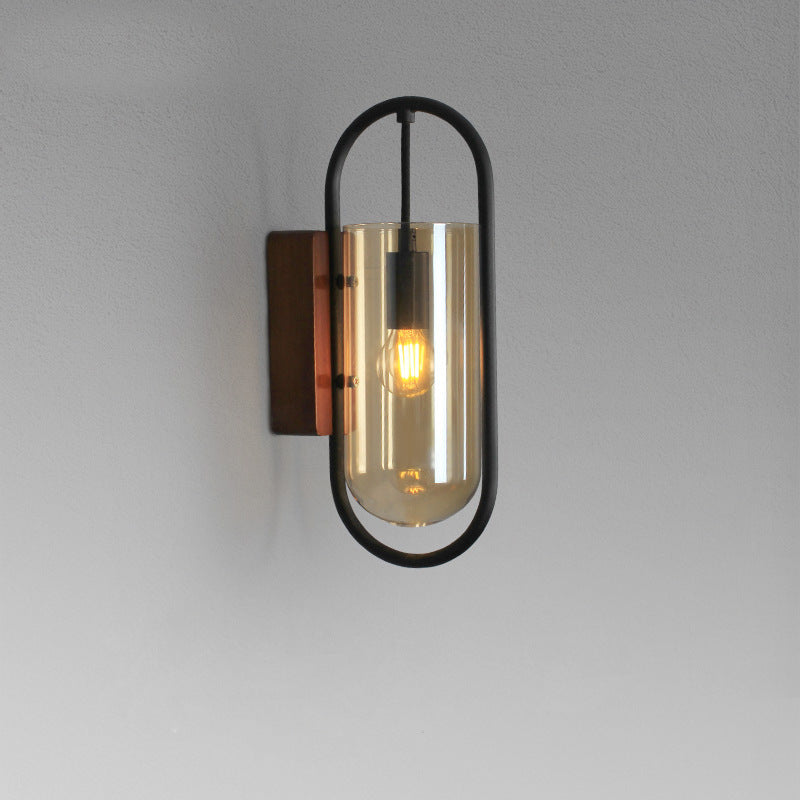 Oval Glass Metal Wood Wall Lamp