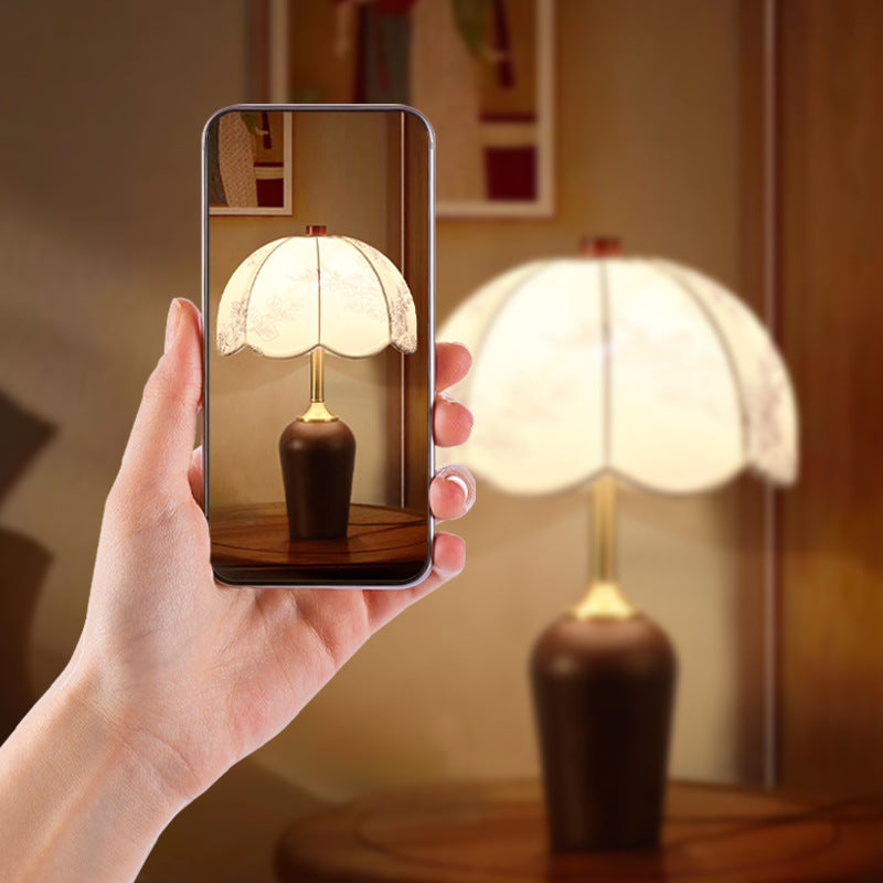 Dome Rubberwood Copper Fabric Table Lamp
